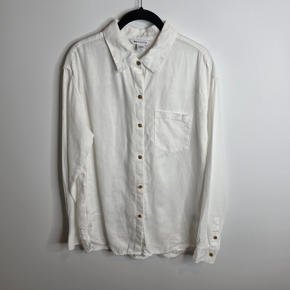 Athleta Button Down Shirt Womens Medium White 100% Linen Long Sleeve Pocket